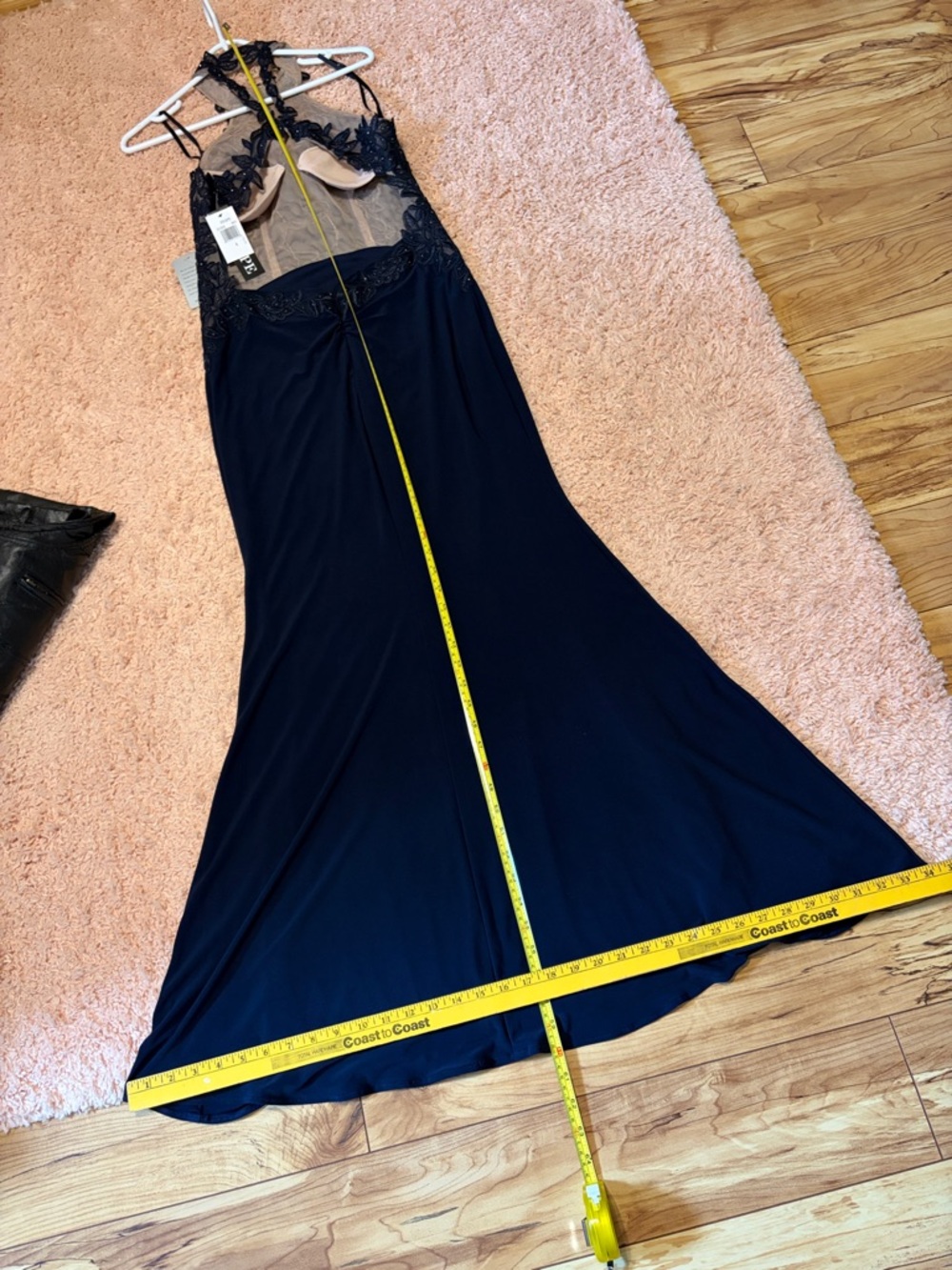 XSCAPE navy halter open back full length lace appliqué beaded prom evening gown - Picture 10 of 17